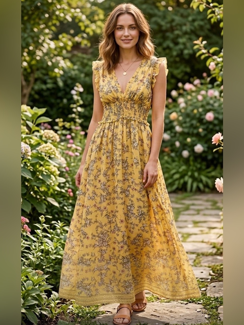 Max Studio Yellow Floral V-Neck Ruffle Maxi Dress | Size S